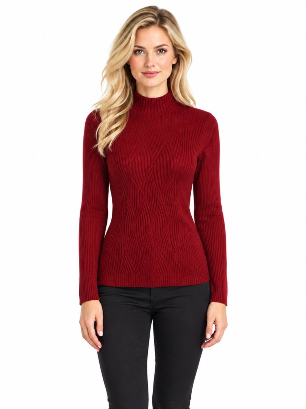 Women’s Thick Red Mock Neck Knit Sweater Petite Fitted Approx. Size L – Tag Remo